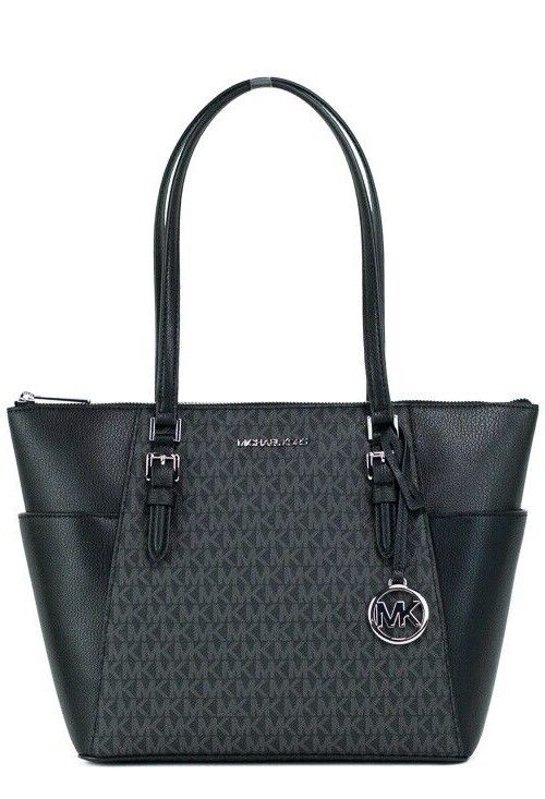 Michael Kors Charlotte Solid Black Leather Large Top Zip Tote Handbag Bag  Black
